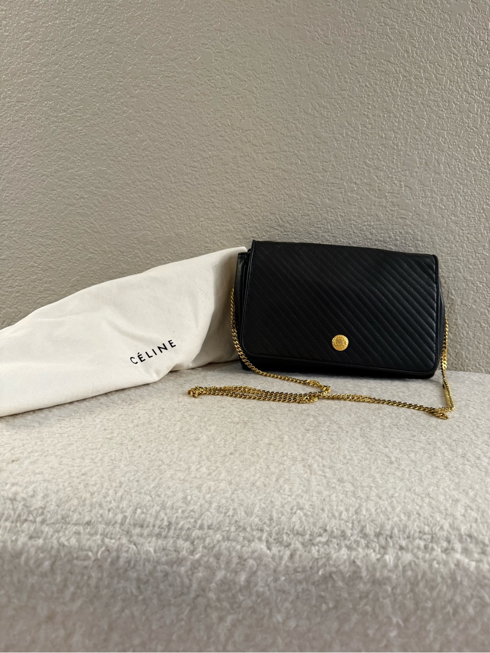 Vintage Celine Black Diagonal Quilted Leather Crossbody bag with Gold Chain